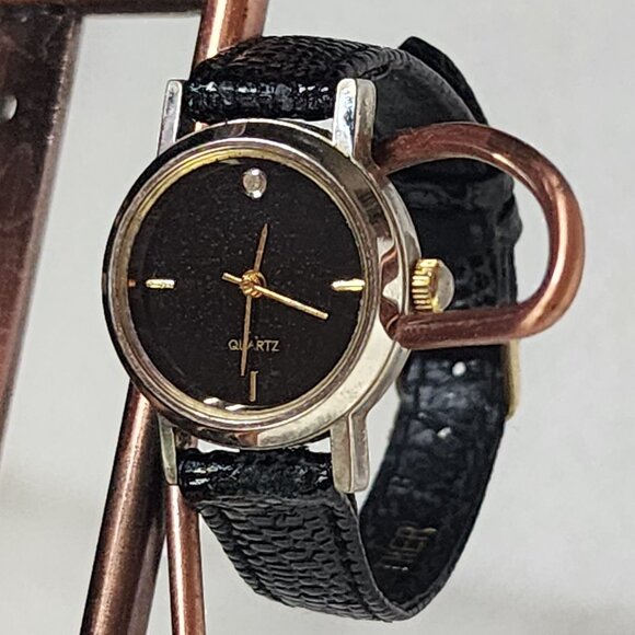SKC Black Gold Tone Genuine Leather Embossed Strap Diamond Quartz SS Back Watch - Picture 1 of 16